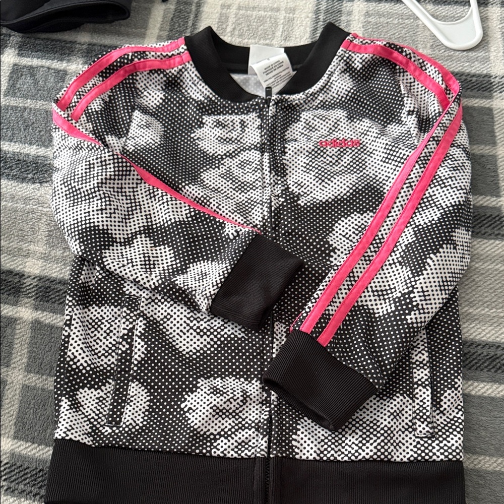 Adidas Black and Pink Rose Pattern Jacket